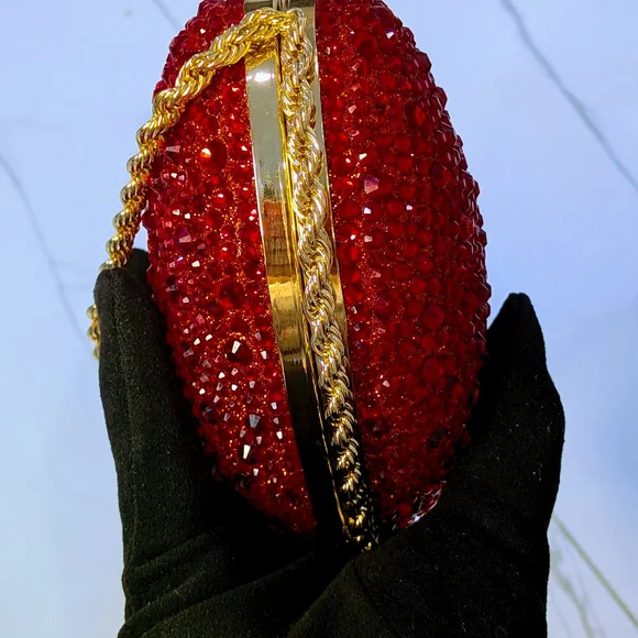 Women's Red Crystal Heart Evening Bag  Sparkly Rhinestone Clutch with Gold Chain - Picture 8 of 13